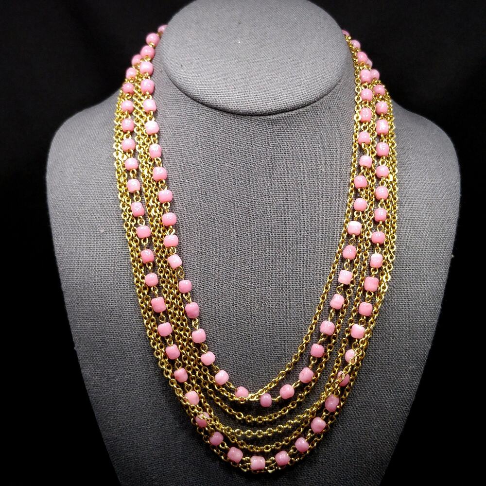 Vintage Pink Glass Bead Necklace 7 Strand Gold Tone Chain 1950s